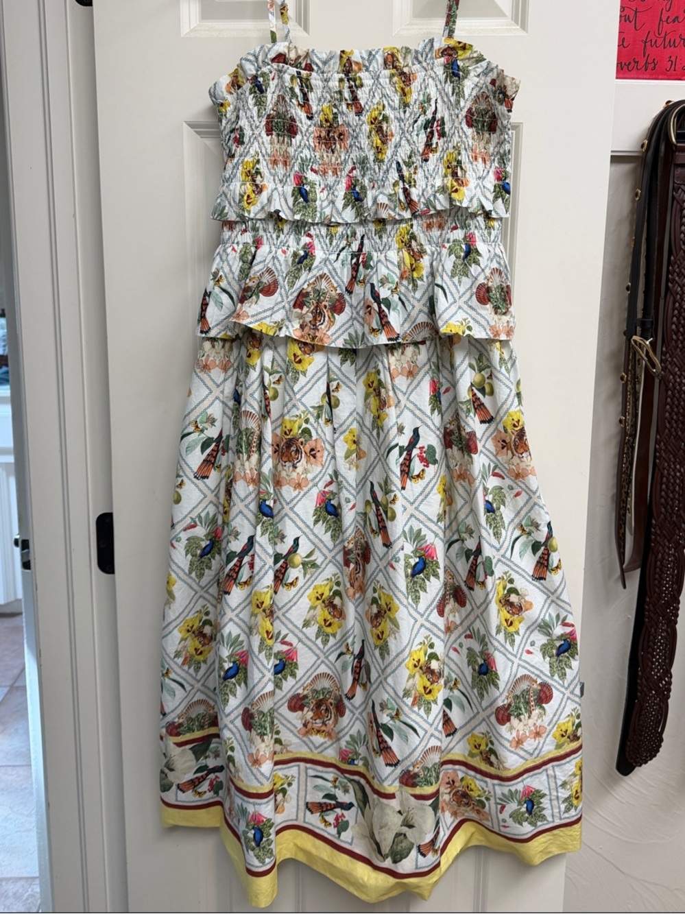 Anthropologie White Floral & Bird Smocked Tiered Sundress with Yellow